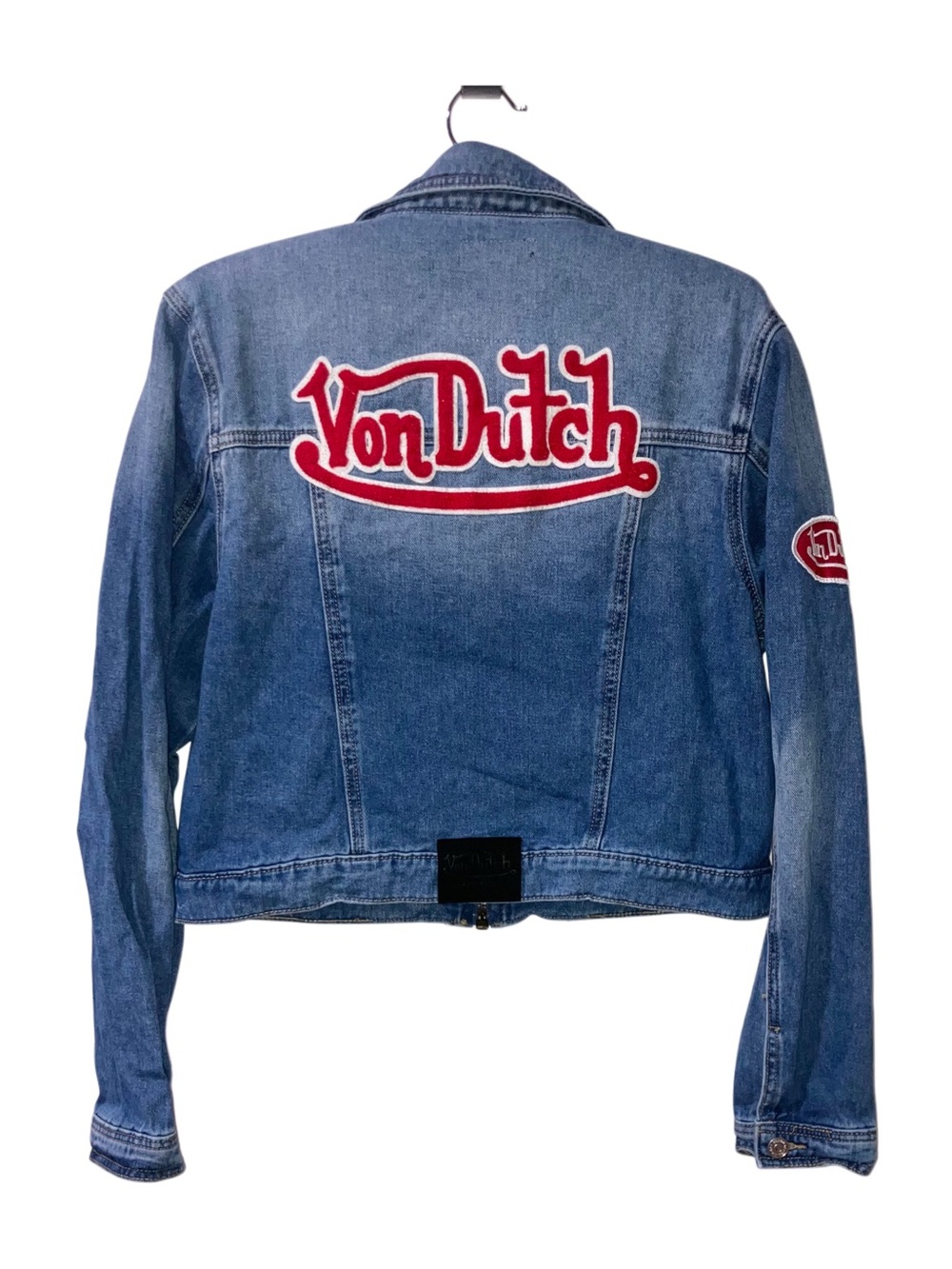 Von Dutch Women’s Cropped Denim Jacket Y2K Logo Patch Blue Jean Trucker Size L - Picture 3 of 10